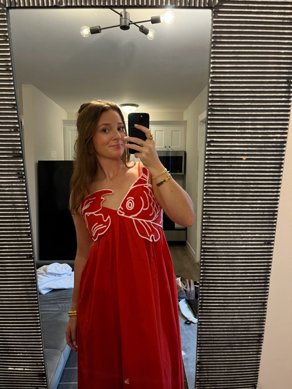 Red Embroidered Fish-Detail Women’s Dress - Picture 3 of 6